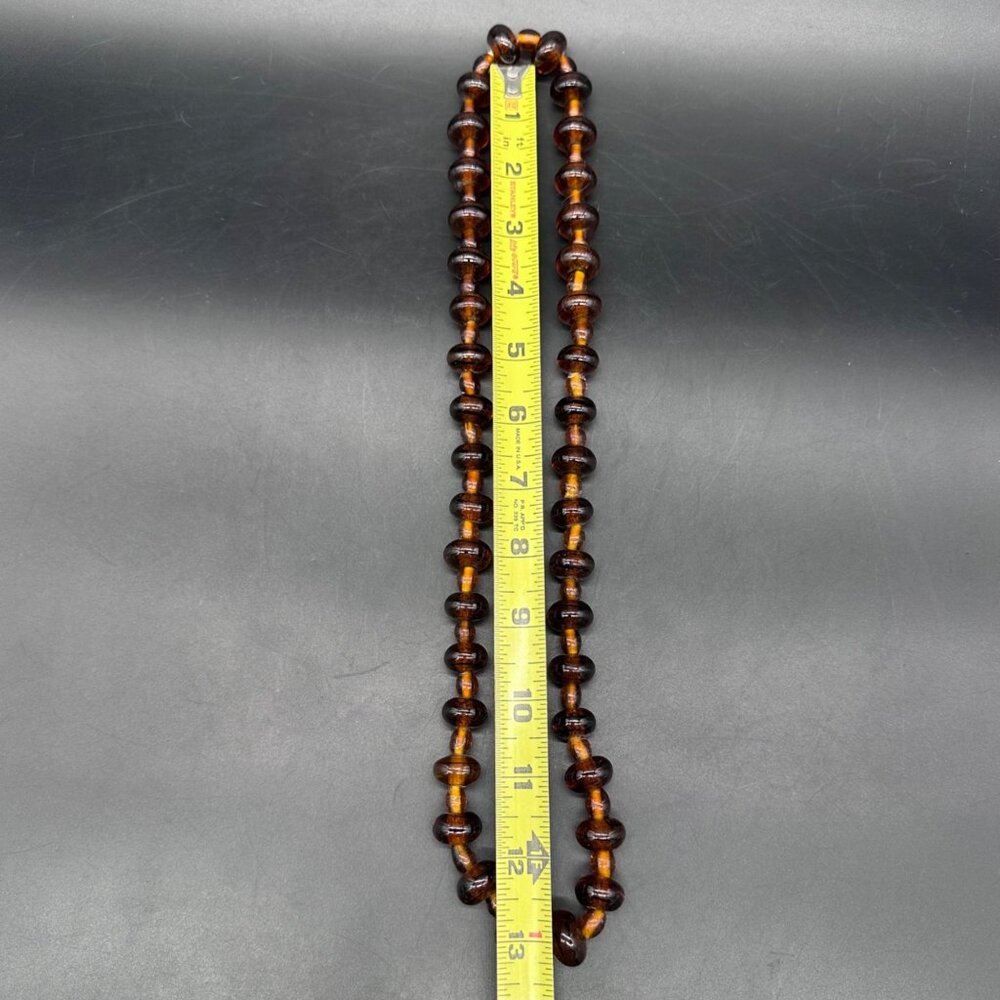 Vintage Amber Glass Bead Necklace Lampwork Swirl Handmade Heavy Jewelry Brown - Picture 7 of 7